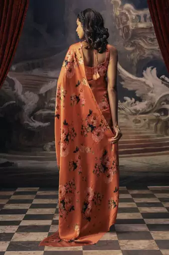 Dark orange original japan satin saree with digital print blouse
