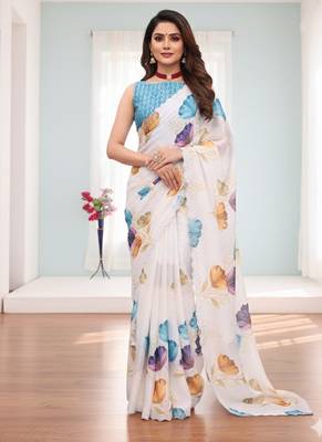 white silk blend digital printed saree with swarovski diamond work & blouse piece 2