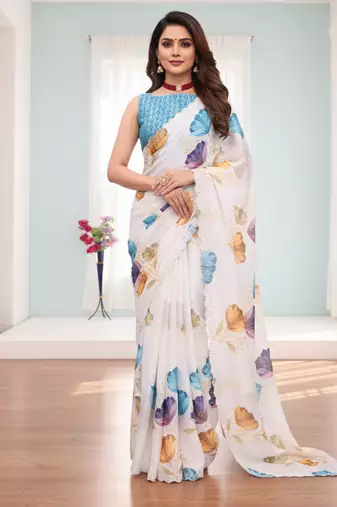 white silk blend digital printed saree with swarovski diamond work & blouse piece