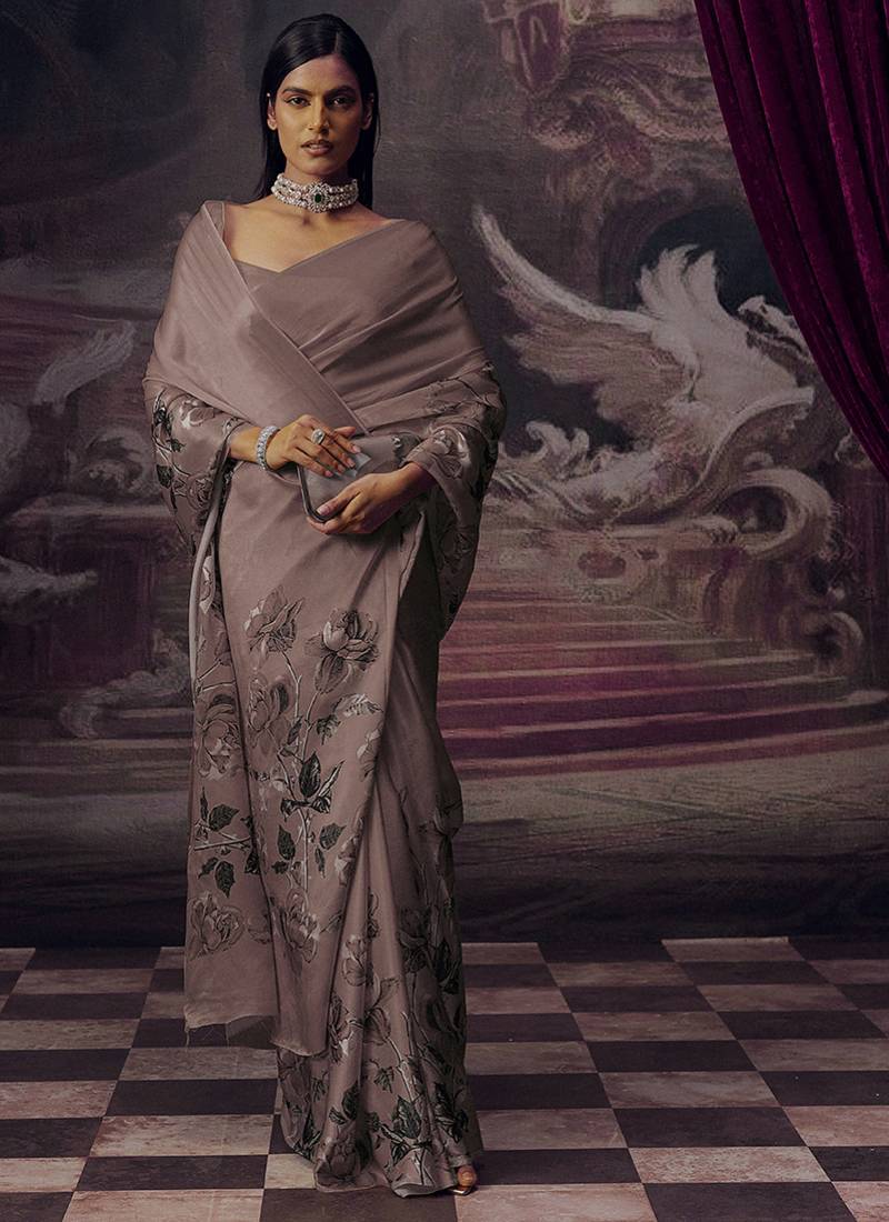 Grey original japan devsena satin saree japan satin digital print blouse