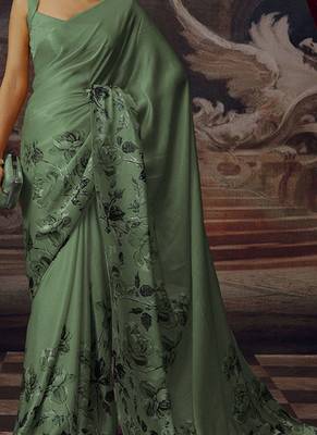 Olive original japan satin saree with digital print blouse 2