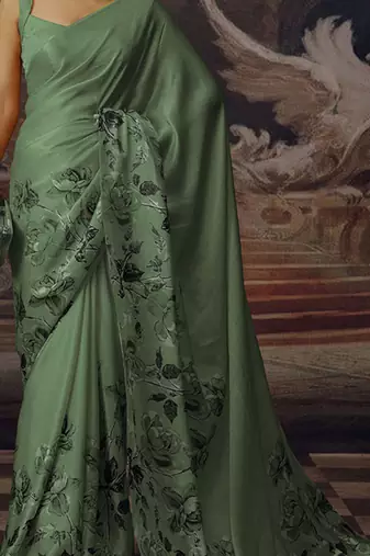 Olive original japan satin saree with digital print blouse