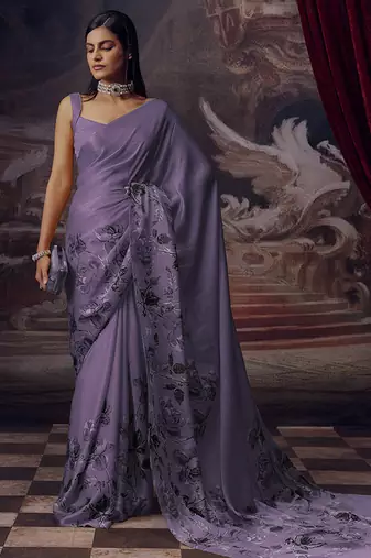Lavender original japan devsena satin saree japan satin digital print blouse