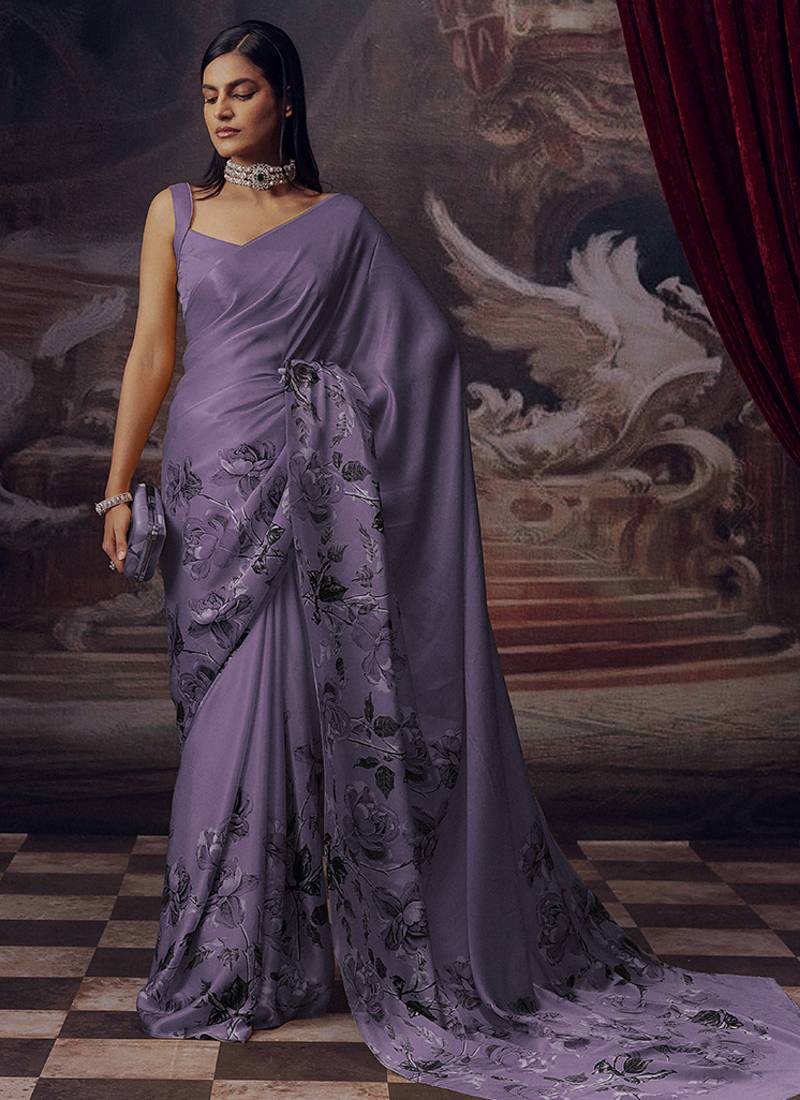 Lavender original japan devsena satin saree japan satin digital print blouse
