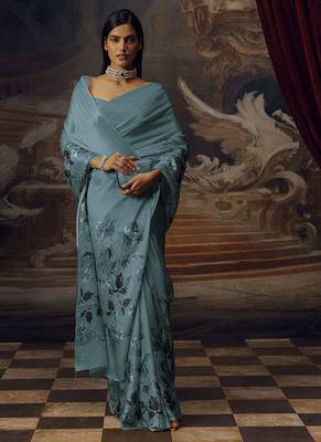 Aqua blue original japan satin saree with digital print blouse 1