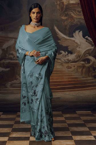 Aqua blue original japan devsena satin saree japan satin digital print blouse