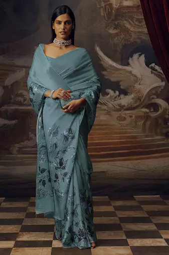 Aqua blue original japan devsena satin saree japan satin digital print blouse