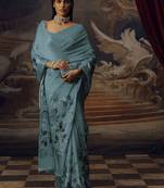 Aqua blue original japan devsena satin saree japan satin digital print blouse