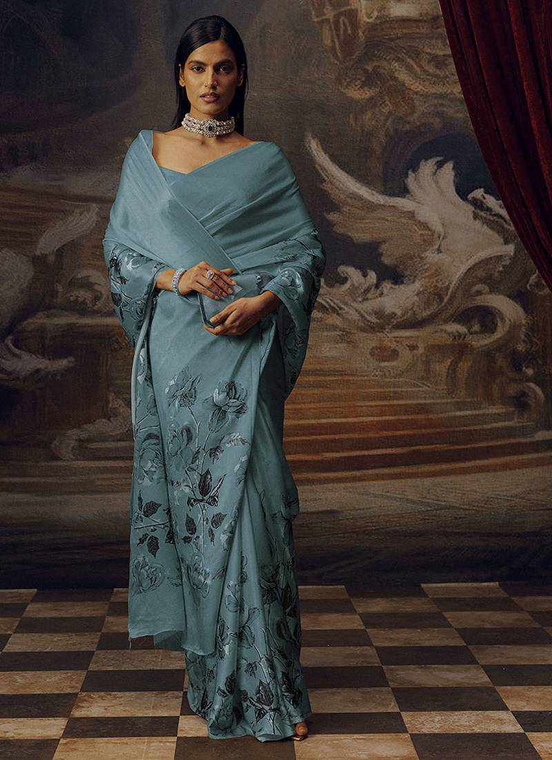 Aqua blue original japan devsena satin saree japan satin digital print blouse