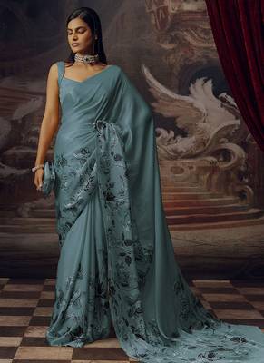 Aqua blue original japan satin saree with digital print blouse 2