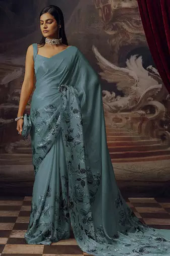 Aqua blue original japan satin saree with digital print blouse
