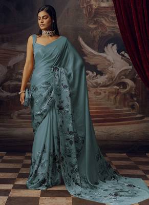 Aqua blue original japan satin saree with digital print blouse 3