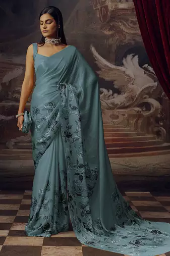 Aqua blue original japan satin saree with digital print blouse