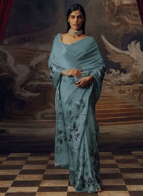 Aqua blue original japan satin saree with digital print blouse 4