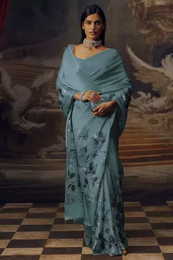 Aqua blue original japan satin saree with digital print blouse