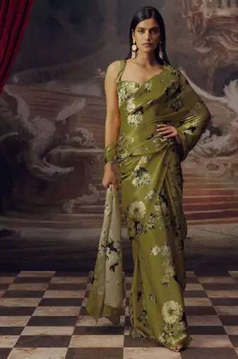 Olive original japan devsena satin saree japan satin digital print blouse