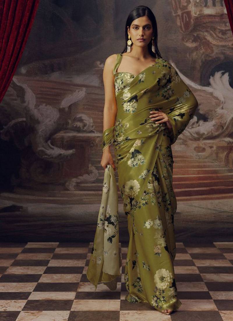Olive original japan devsena satin saree japan satin digital print blouse