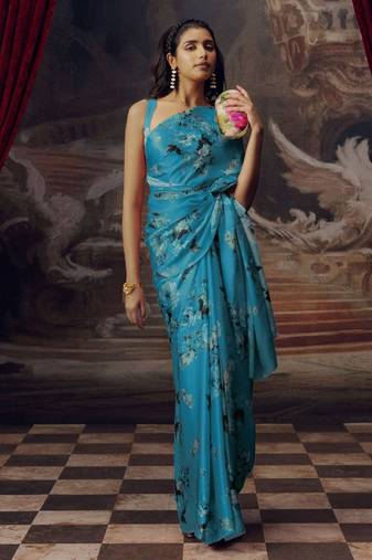 Sky blue original japan devsena satin saree japan satin digital print blouse