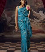Sky blue original japan devsena satin saree japan satin digital print blouse