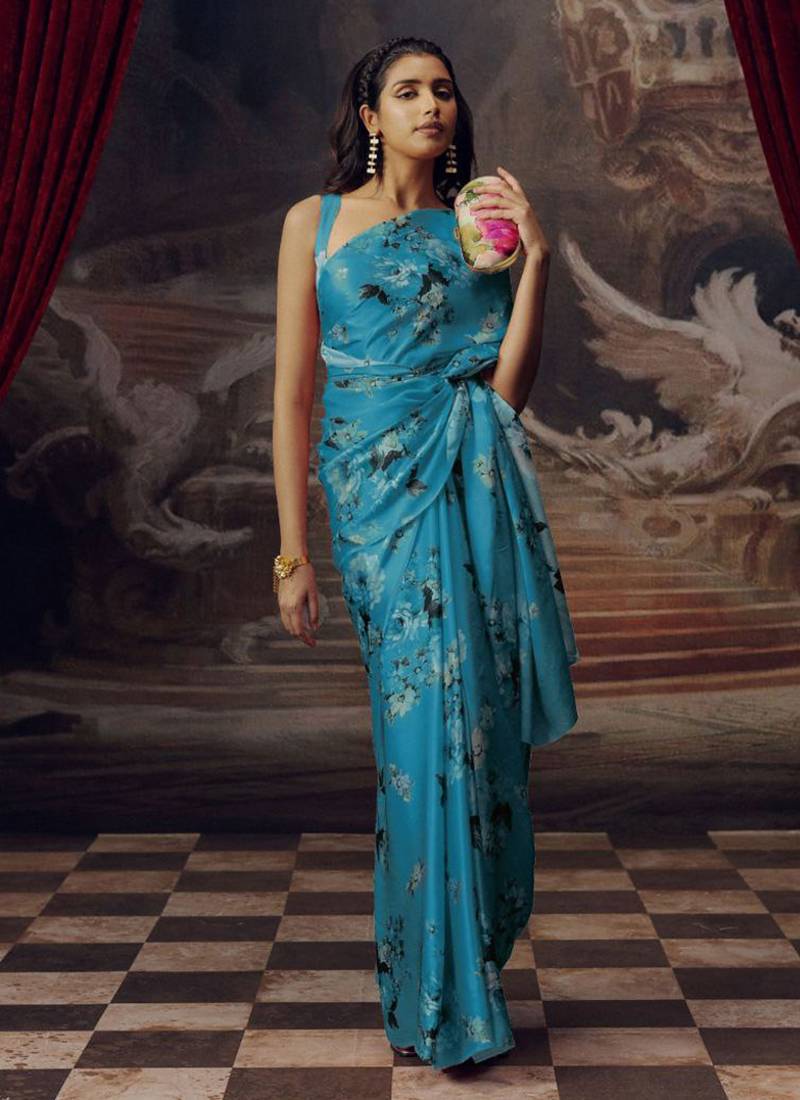 Sky blue original japan devsena satin saree japan satin digital print blouse