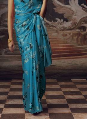 Sky blue original japan satin saree with digital print blouse 2