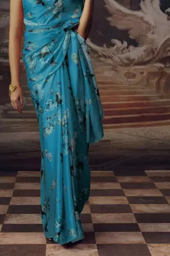 Sky blue original japan satin saree with digital print blouse