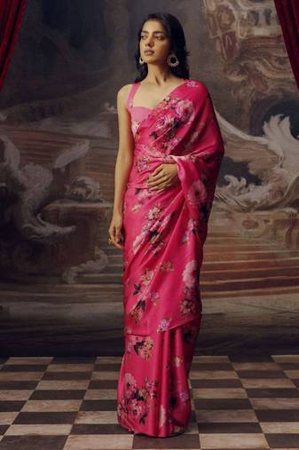 Pink original japan devsena satin saree japan satin digital print blouse
