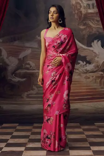 Pink original japan devsena satin saree japan satin digital print blouse