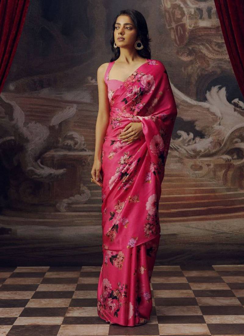 Pink original japan devsena satin saree japan satin digital print blouse
