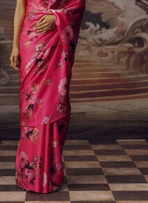 Pink original japan satin saree with digital print blouse 2