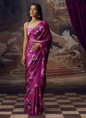 Magenta original japan satin saree with digital print blouse 1