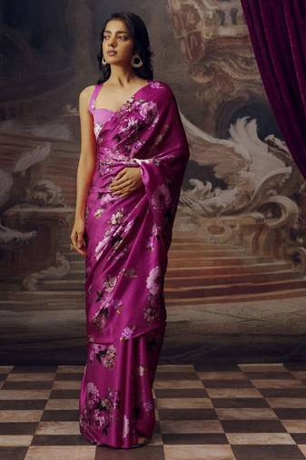 Magenta original japan devsena satin saree japan satin digital print blouse
