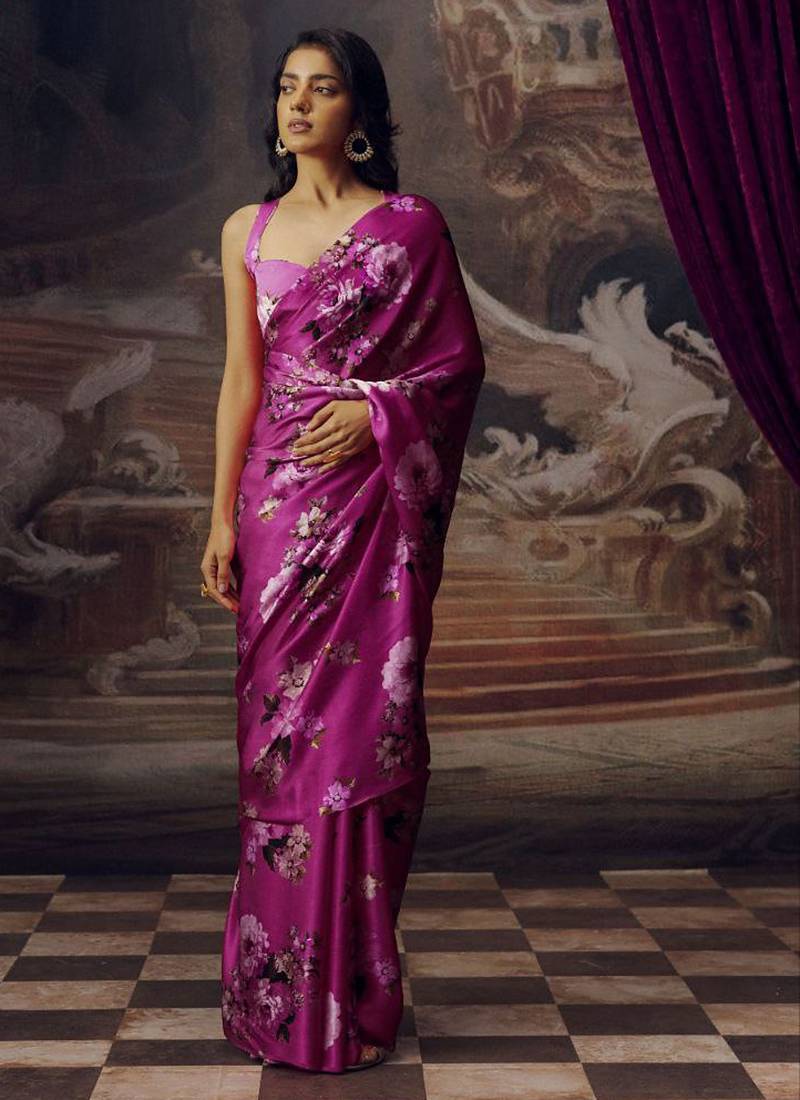 Magenta original japan devsena satin saree japan satin digital print blouse