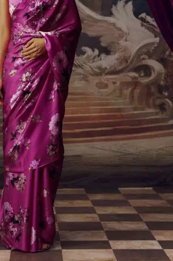 Magenta original japan satin saree with digital print blouse