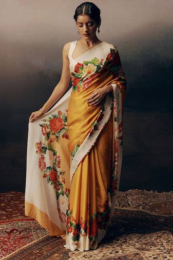 Mustard original japan devsena satin saree japan satin digital print blouse