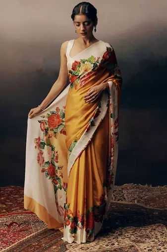 Mustard original japan devsena satin saree japan satin digital print blouse