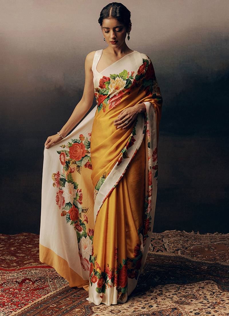 Mustard original japan devsena satin saree japan satin digital print blouse