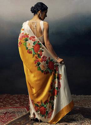 Mustard original japan satin saree with digital print blouse 2