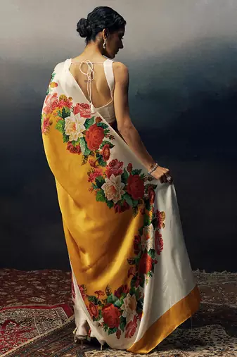 Mustard original japan satin saree with digital print blouse