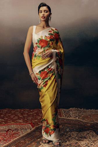 Yellow original japan devsena satin saree japan satin digital print blouse