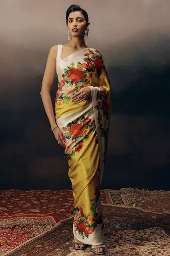 Yellow original japan devsena satin saree japan satin digital print blouse