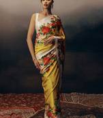 Yellow original japan devsena satin saree japan satin digital print blouse