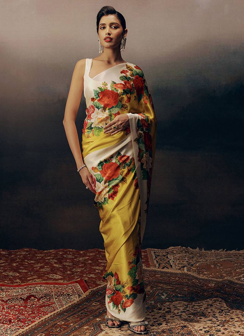 Yellow original japan devsena satin saree japan satin digital print blouse