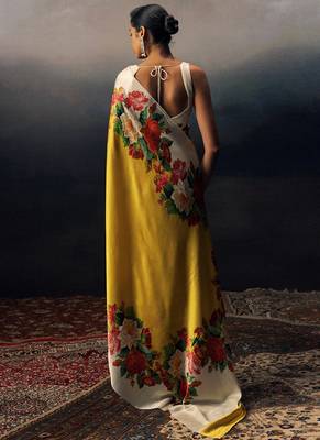 Yellow original japan satin saree with digital print blouse 2