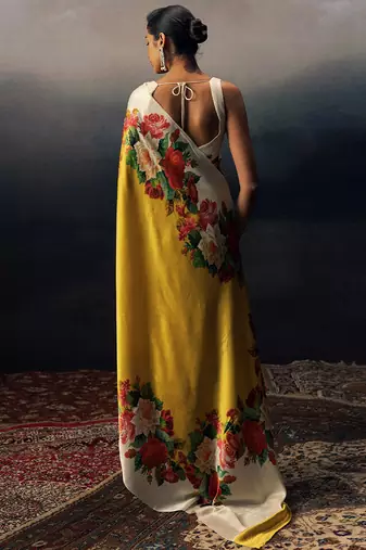Yellow original japan satin saree with digital print blouse