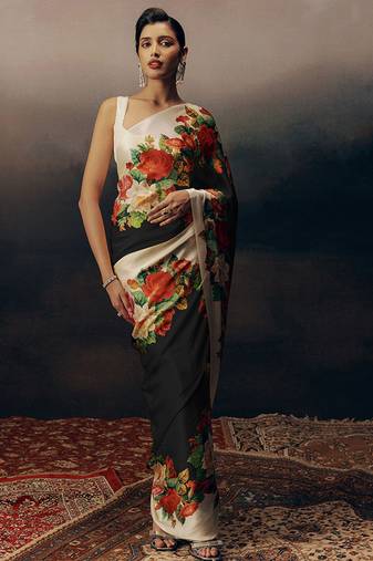 Black original japan devsena satin saree japan satin digital print blouse