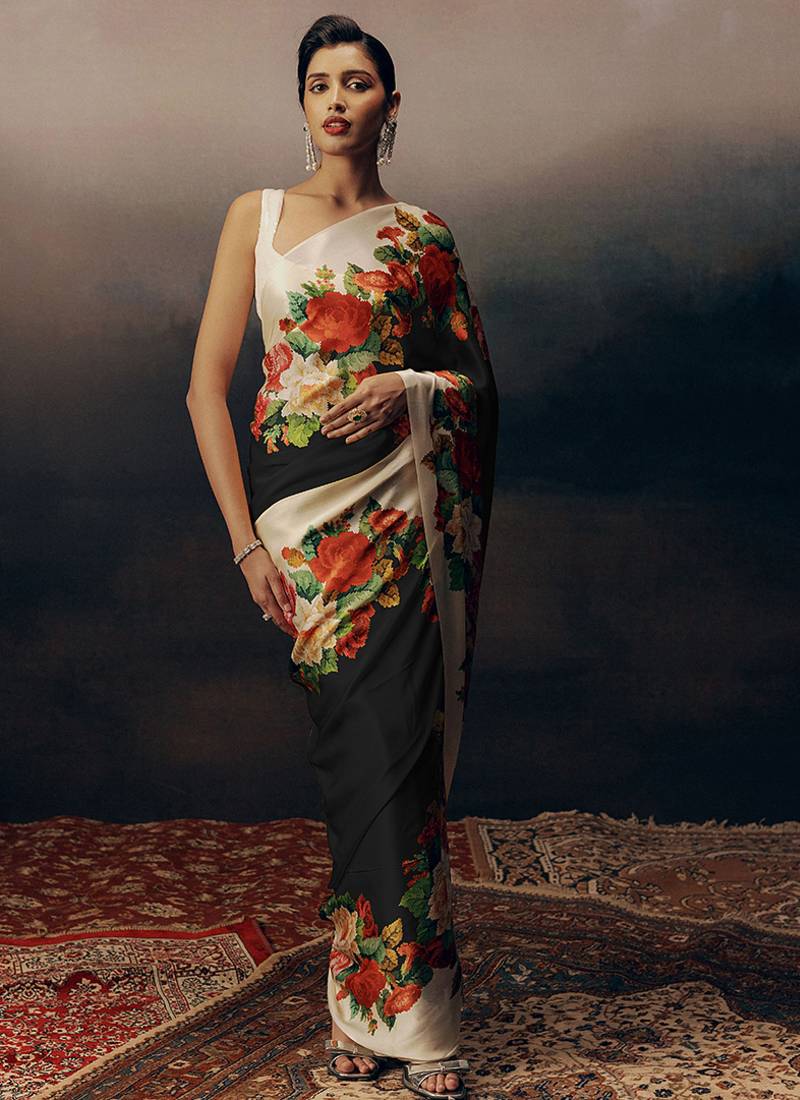 Black original japan devsena satin saree japan satin digital print blouse