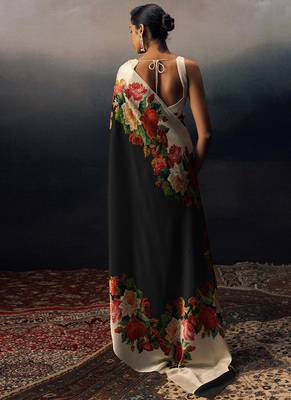 Black original japan satin saree with digital print blouse 2