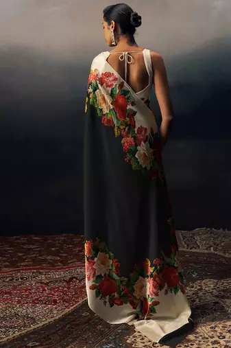Black original japan satin saree with digital print blouse