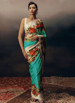 Aqua blue original japan satin saree with digital print blouse 1